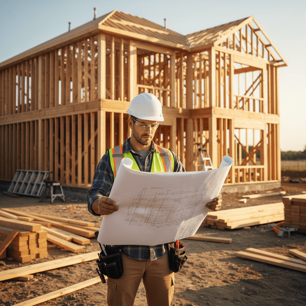 Small construction crew member reviewing plans on a new build site
