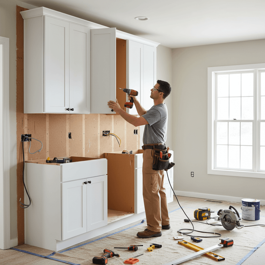 Cabinet installation in a kitchen remodel