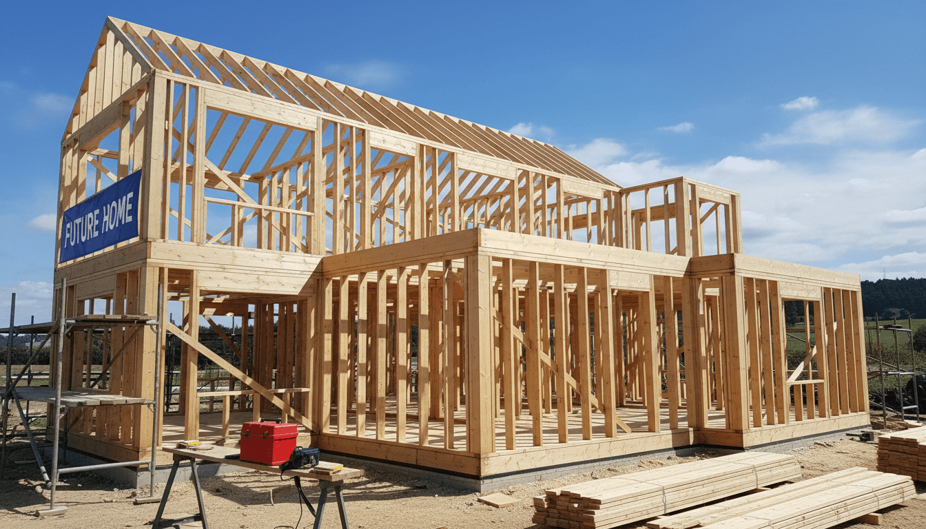 Framing for a single-family home with wood structure visible