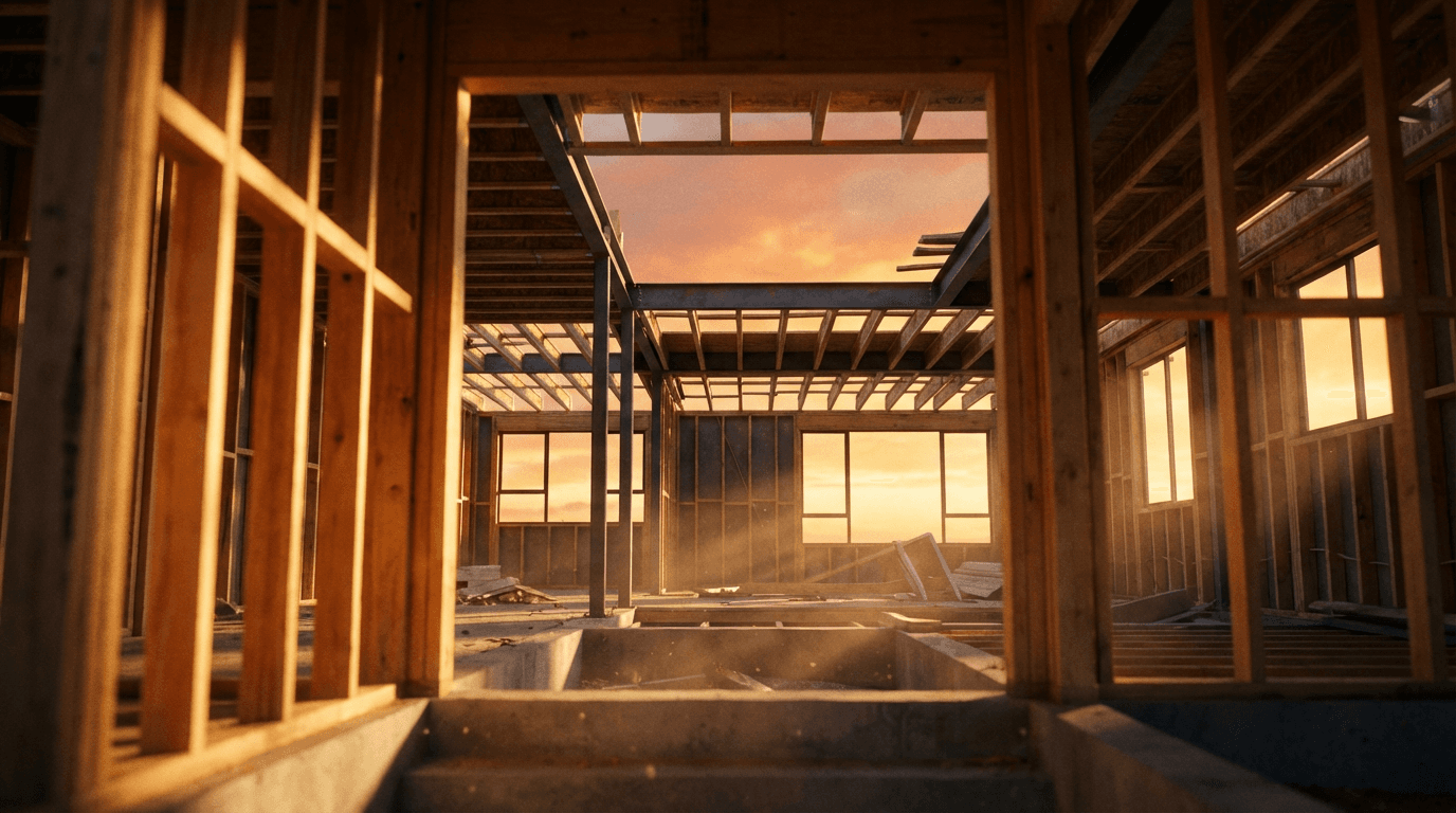 New single-family home being built in Norcross with wooden framing and roof