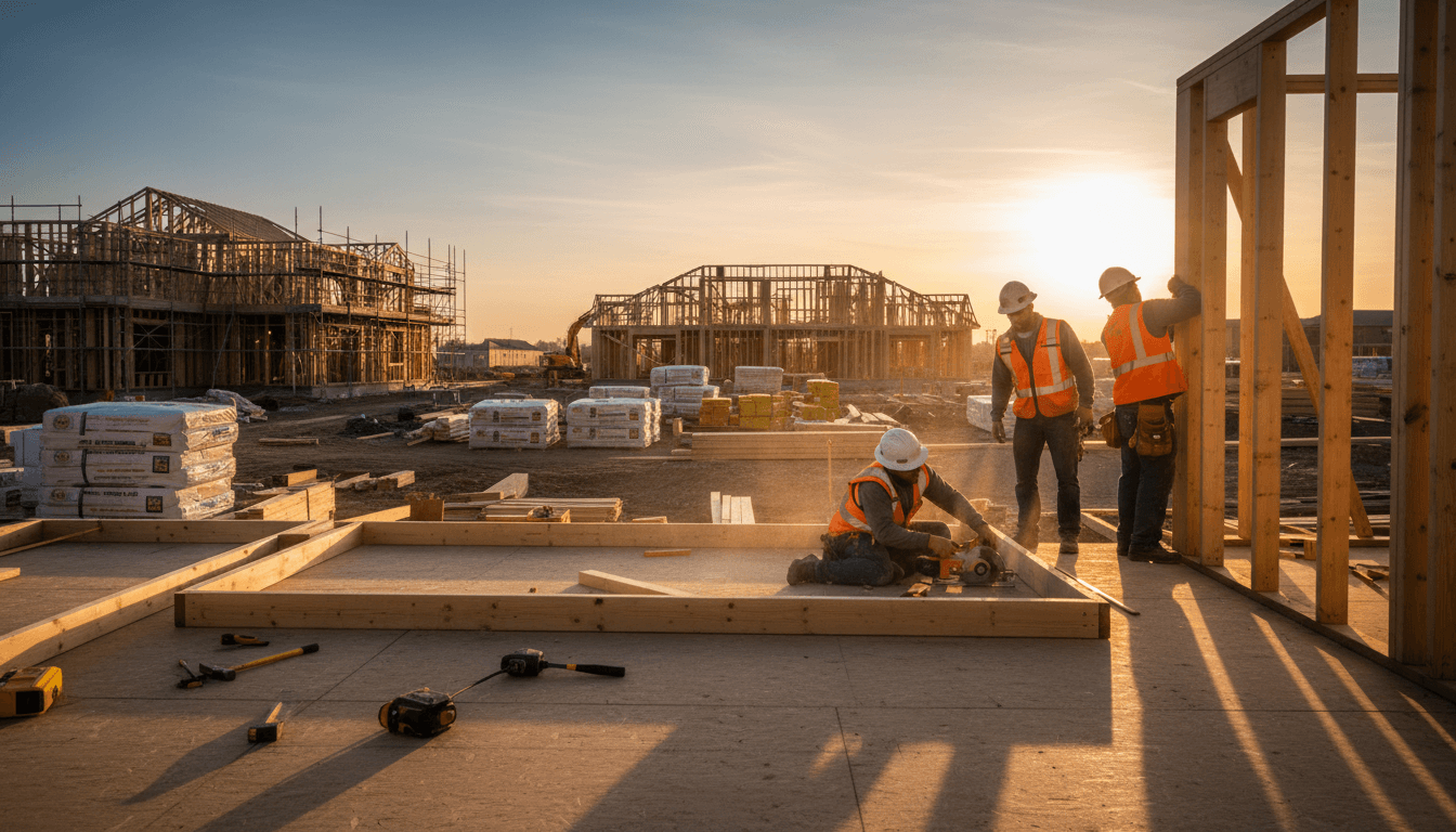 construction crew framing a house wall