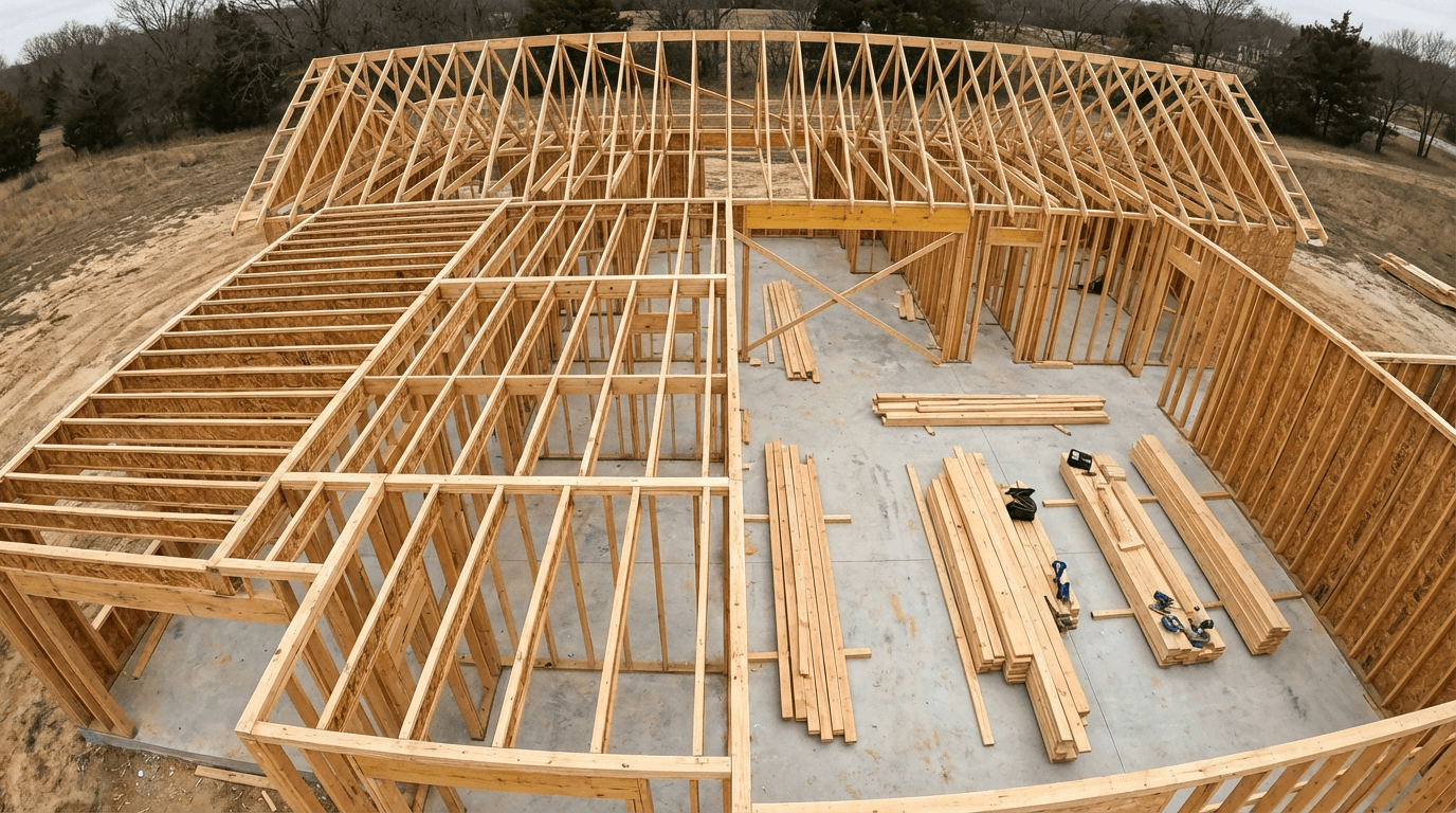 Wooden house frame under construction