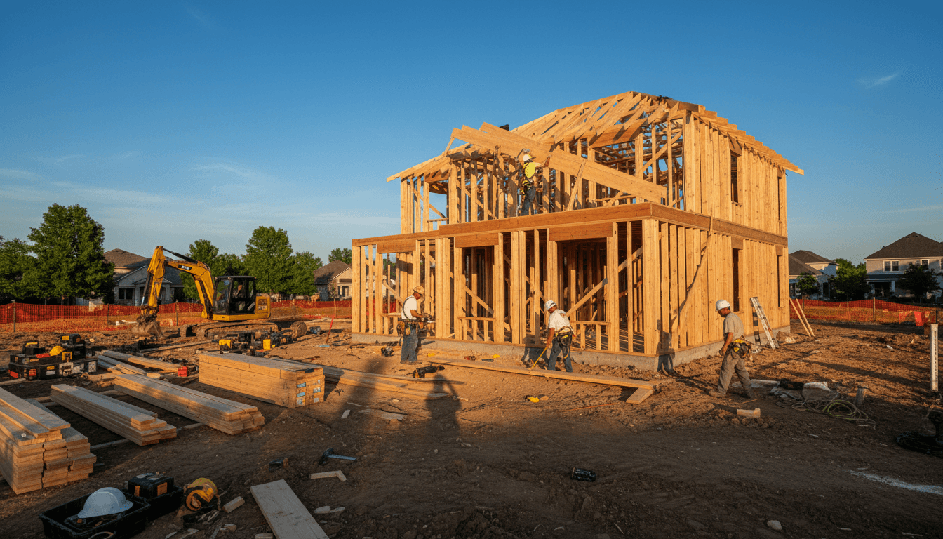 Framing stage of a single-family home under construction