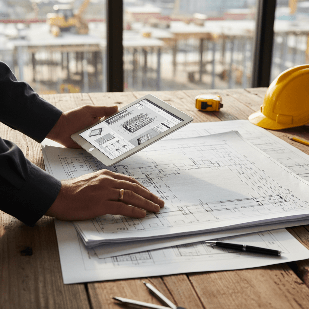 Builder in hard hat reviewing house plans on a new home construction site