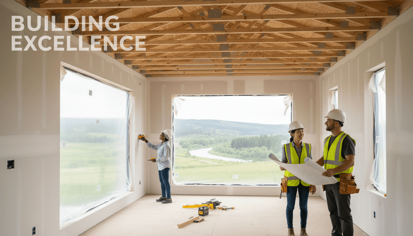 New single-family home being framed in a residential neighborhood