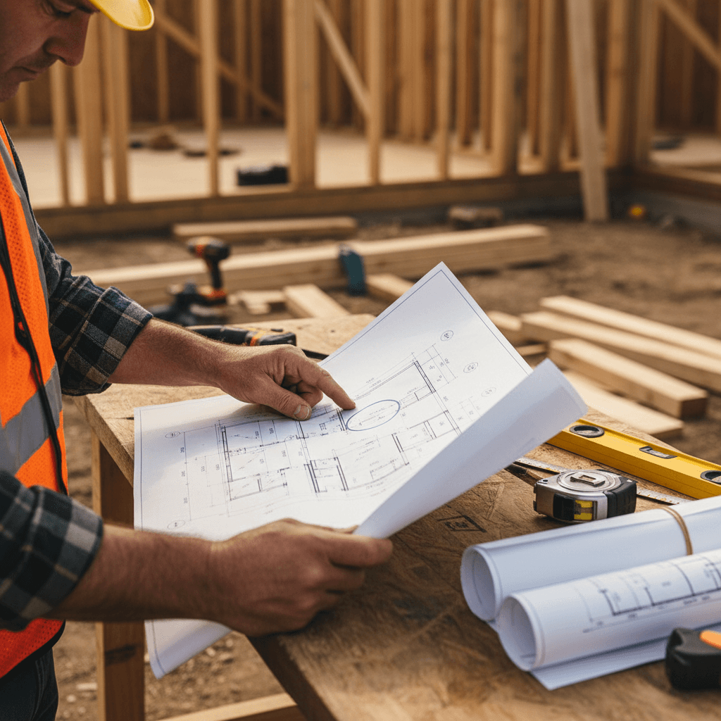 Builder reviewing plans on a residential construction site