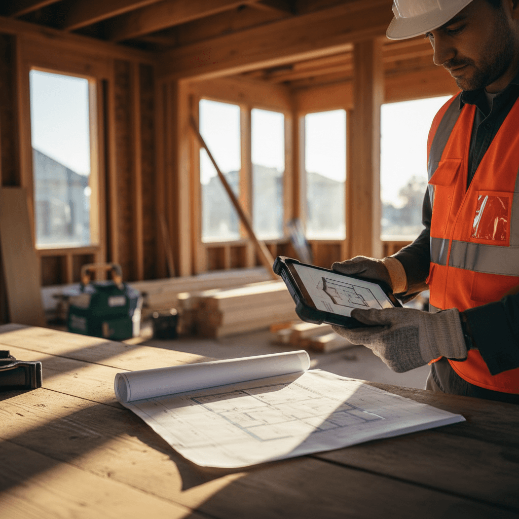 Construction worker looking at blueprints on a job site