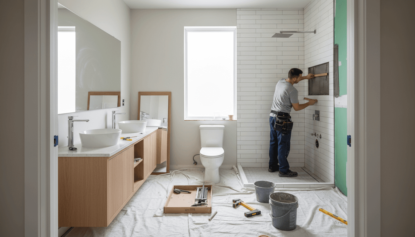 Bathroom remodel with new tile shower and vanity during installation