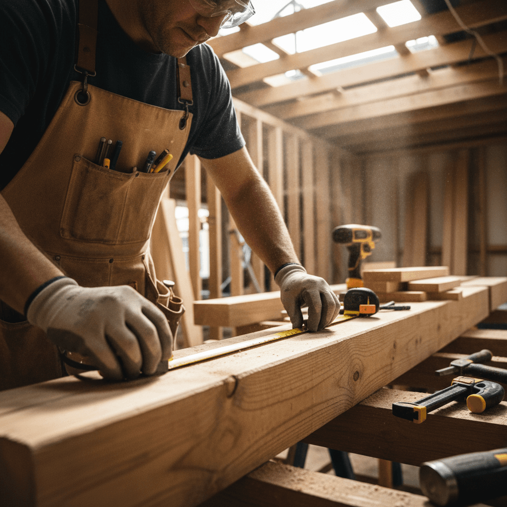 Carpenter measuring lumber for framing on a residential build