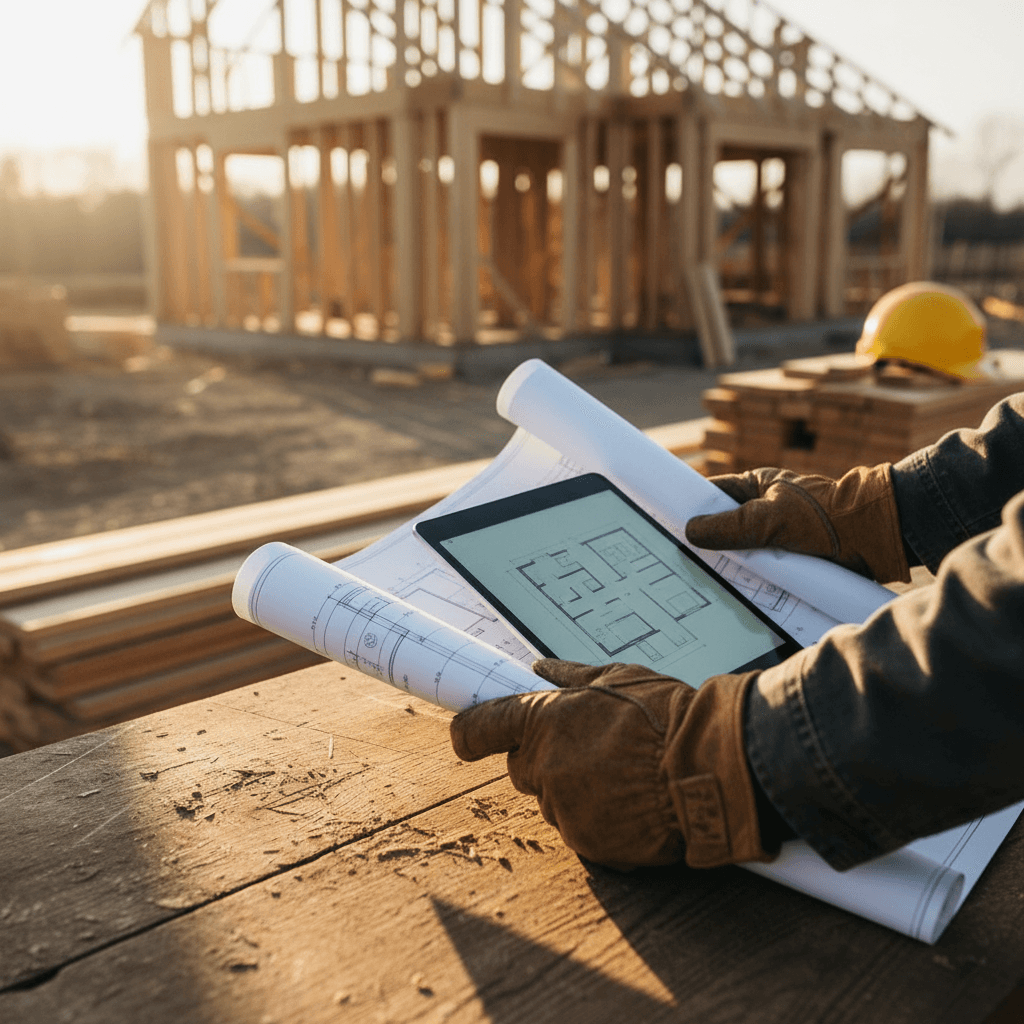 Residential builder reviewing plans inside a new construction home